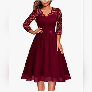 MISSMAY Women's Floral Lace Chiffon 3/4 Sleeve < Neck Midi Dress Red  (NWT) L